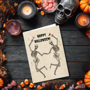 Tarjeta Esqueleto gótico espeluznante bailando vintage