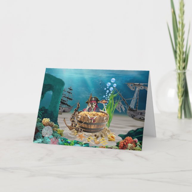TARJETA ESQUELETO PIRATA EN UN BARRIL (Anverso)