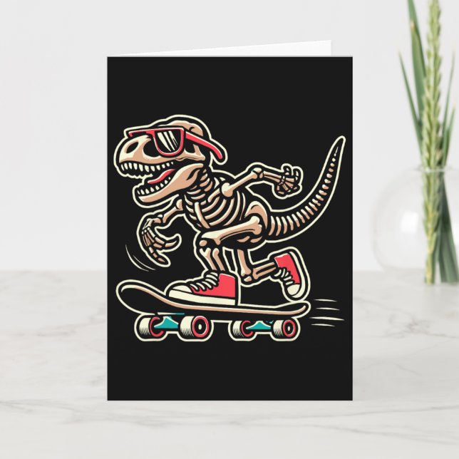 Tarjeta Esqueleto Retro T-rex Dinosaurio Skateboarding Niñ (Anverso)