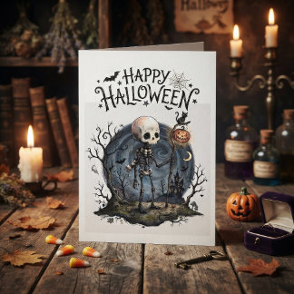 Tarjeta Esqueleto y Jack-o'-Lantern de Halloween espeluzna