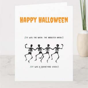 Tarjeta Esqueletos de baile Halloween 2025