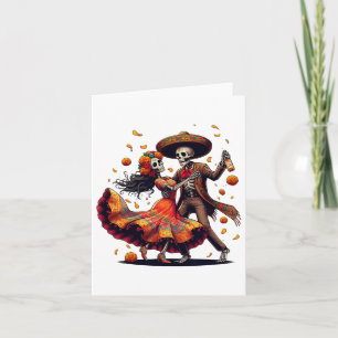 Tarjeta Esqueletos del Día De Los Muertos bailando el Día 