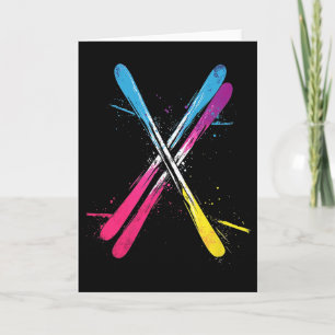Tarjeta Esquí, diseño vibrante, esquís cruzados