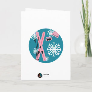 Tarjeta Esquí rosa y azul
