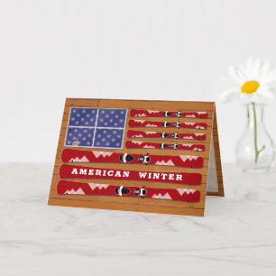 Tarjeta Esquí y copos de nieve Bandera de Estados Unidos c