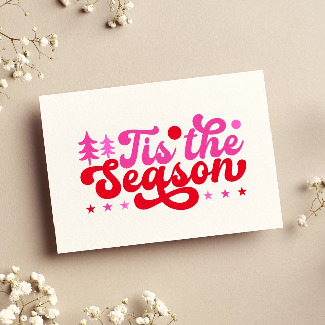 Tarjeta Esta Es La Temporada De Navidades No Fotográficos  (Retro Christmas Tis the Season Blank Card Pink and Red)