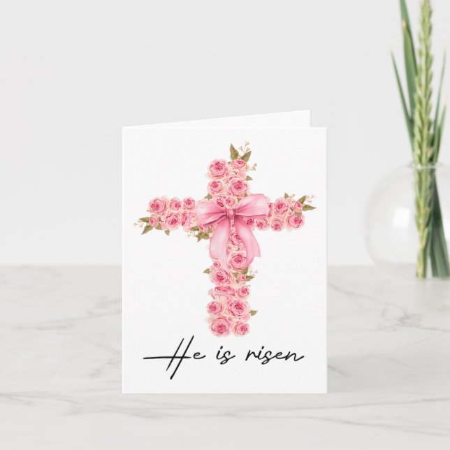 Tarjeta Está Risen Coquette Bow Floral Cross Faith Easter (Anverso)