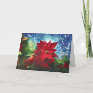 Tarjeta Estaciones saludando con cardenales y poinsettia