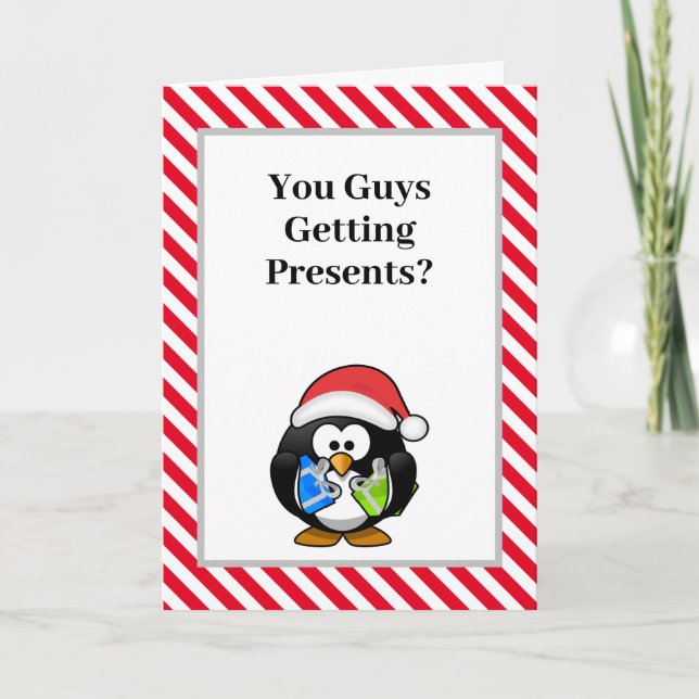 Tarjeta ¿Están recibiendo regalos? Funny Penguin Navidades (Anverso)