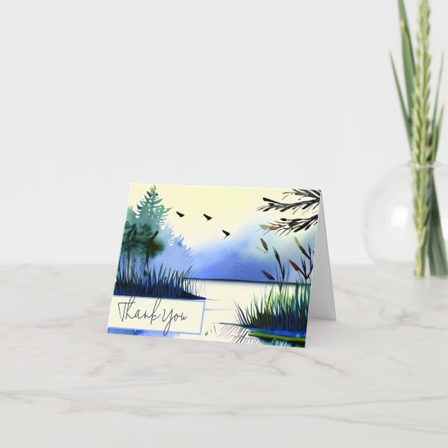 Tarjeta Estanque de acuarela y aves personalizable (Anverso)