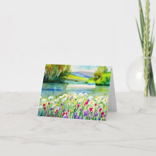 Tarjeta Estanque de primavera y flores en acuarela persona