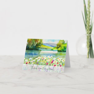 Tarjeta Estanque de primavera y flores en acuarela persona