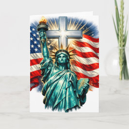 Tarjeta Estatua de la Libertad con banderas y cruz