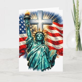 Tarjeta Estatua de la Libertad con banderas y cruz