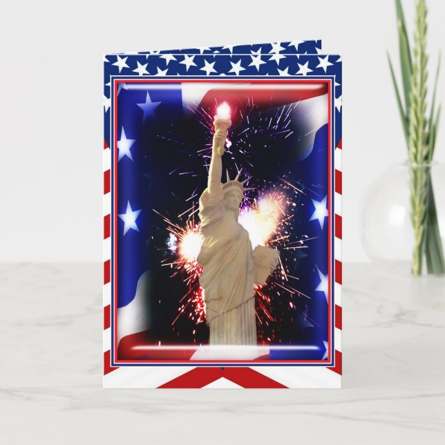 Tarjeta Estatua de la Libertad con fuegos artificiales par (Anverso)