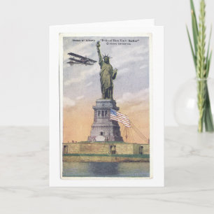 Tarjeta Estatua vintage de la Libertad PC con Biplane y ba