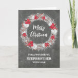 Tarjeta Esternícalo de Chalkboard Rústico Feliz Navidad<br><div class="desc">Feliz Navidad para la tarjeta de hermanastro con un patrón rústico de pizarra y corona nevada con poinsettias.</div>