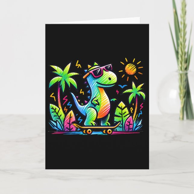 Tarjeta Estética Kidcore Dinosaurio Skateboarding Doodle A (Anverso)