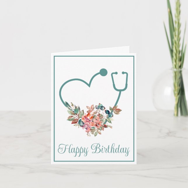 Tarjeta Estetioscopio floral Enfermera cardiaca Médica Cum (Anverso)