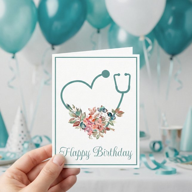 Tarjeta Estetoscopio Floral Cumpleaños Enfermera Médica Do (Subido por el creador)
