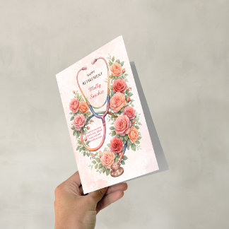 Tarjeta Estetoscopio Rosa Floral Rosa Feliz Jubilación