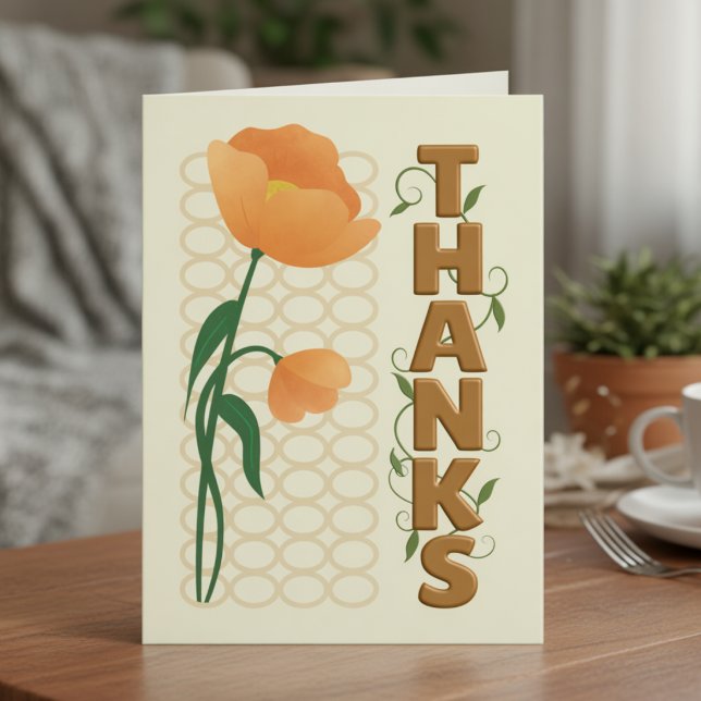 Tarjeta Estilo Amapola Naranja Con Gracias En Bronce (Hand‑drawn flowers, customizable message. Your gratitude, your style.)