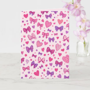 Tarjeta Estilo Coquette Rosa Morado Lazo y Corazón Patrón