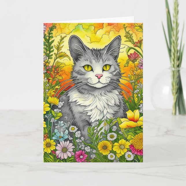 Tarjeta Estilo de arte folclórico lindo Gato y flores (Anverso)