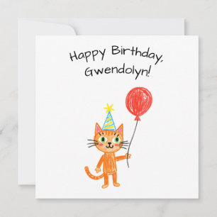 Tarjeta Estilo de Arte Infantil Gato Naranja Plano Cumplea