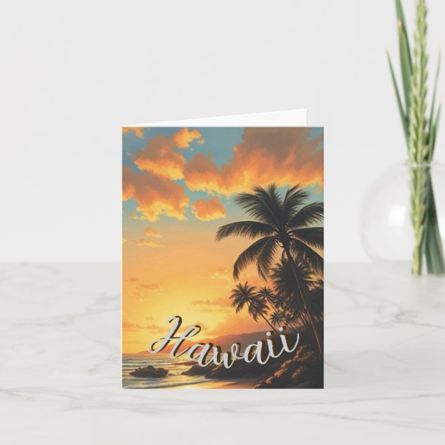 Tarjeta Estilo de época Hawai Costa de Viaje Sunset (Anverso)