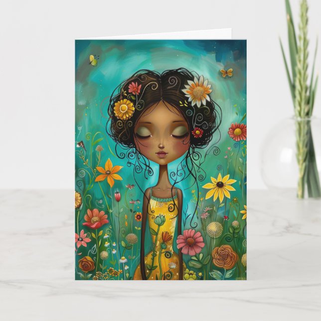 Tarjeta Estilo de Ilustracion de mujeres y flores Hola a G (Anverso)