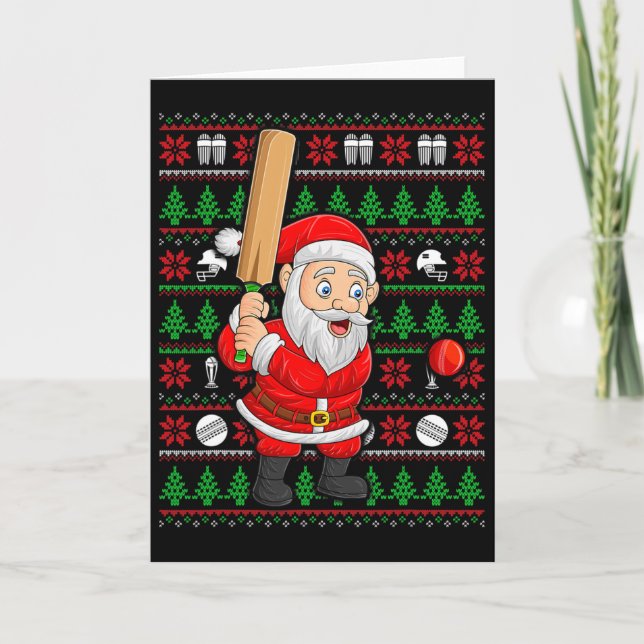 Tarjeta Estilo de suéter feo de Navidad Santa jugando cric (Anverso)