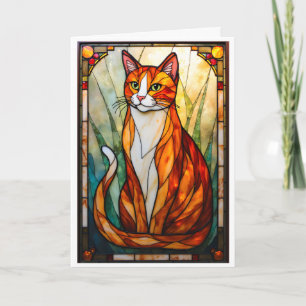 Tarjeta Estilo de Vidrio Pintado Naranja Gatos Ojos Verdes