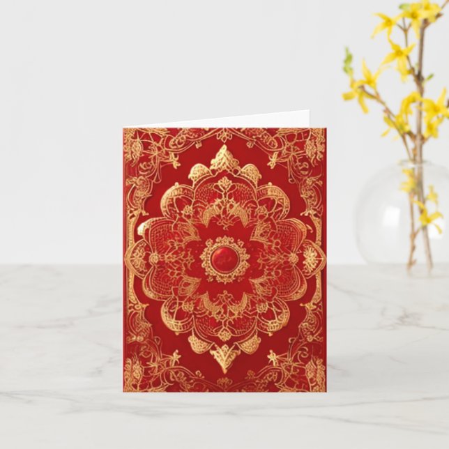 Tarjeta Estilo Retro Rojo Dorado (flor amarilla)