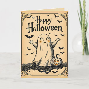 Tarjeta Estilo vintage Halloween grabado lindo fantasma