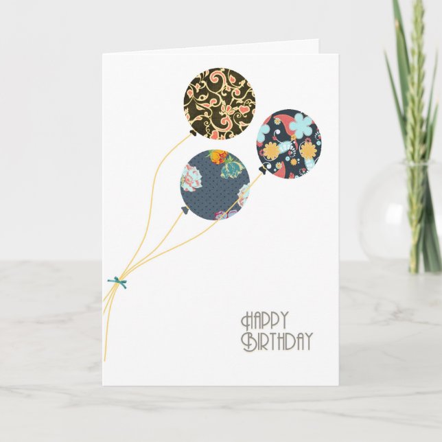 Tarjeta Estilosos globos de cumpleaños feliz con flores (Anverso)