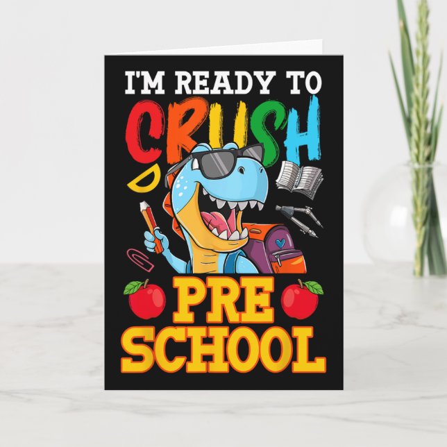 Tarjeta Estoy listo para aplastar preescolar T Rex primer  (Anverso)