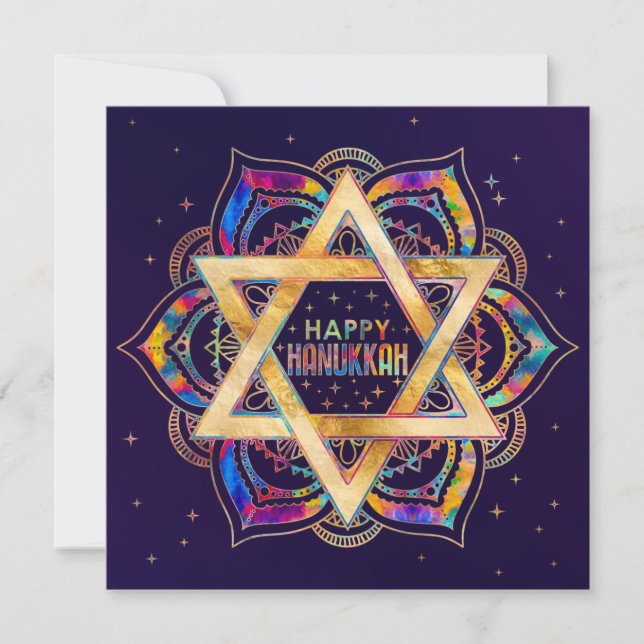 Tarjeta Estrella colorida de David Mandala Feliz Hanukkah (Anverso)