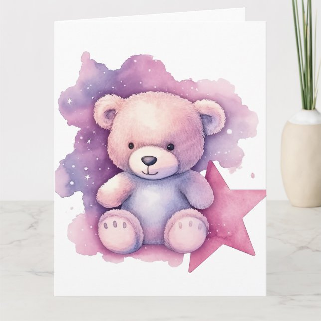 Tarjeta Estrella de color de agua rosa Teddy Bear (Anverso)