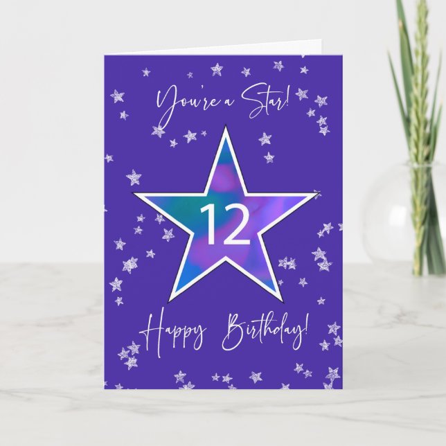 Tarjeta Estrella de cumpleaños 12 para tweets o adolescent (Anverso)