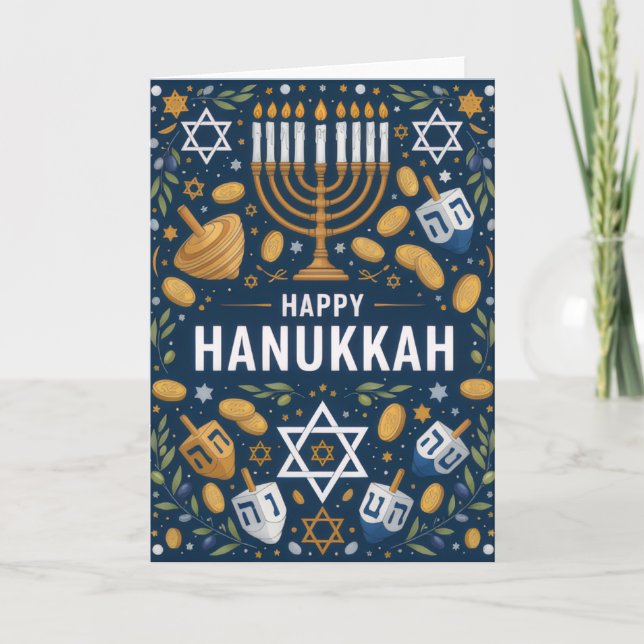 Tarjeta Estrella de David Patrón de Menorá – Feliz Janucá (Anverso)