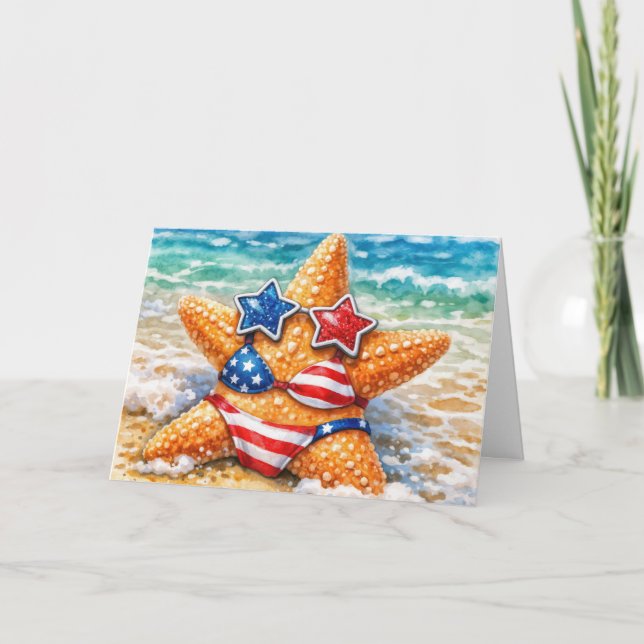 Tarjeta Estrella de mar americana de cumpleaños con bikini (Anverso)