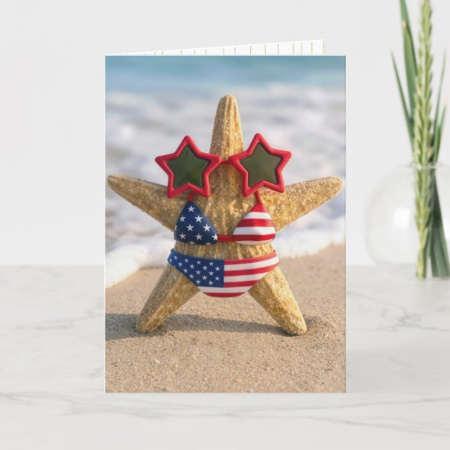 Tarjeta Estrella de mar de cumpleaños con bikini de bander (Anverso)