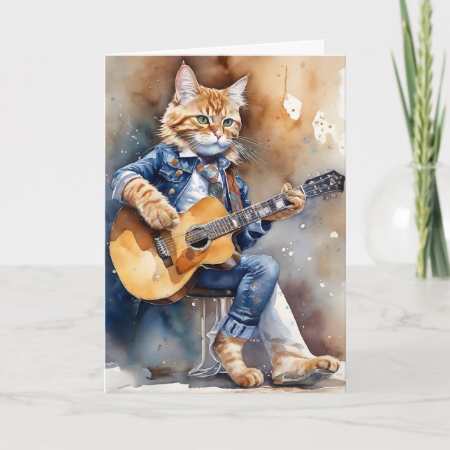 Tarjeta Estrella de rock de gato Tabby, naranja, toca guit (Anverso)