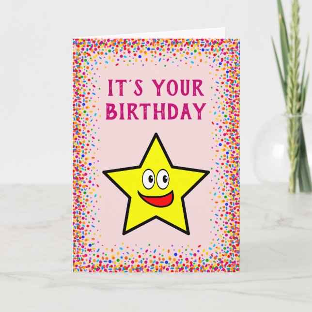 Tarjeta Estrella dorada de cumpleaños Confetti color rosa (Anverso)