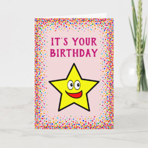 Tarjeta Estrella dorada de cumpleaños Confetti color rosa