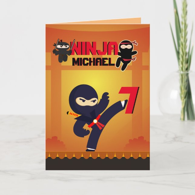 Tarjeta Estrella guerrera de cine de NINJA pateando a niño (Anverso)