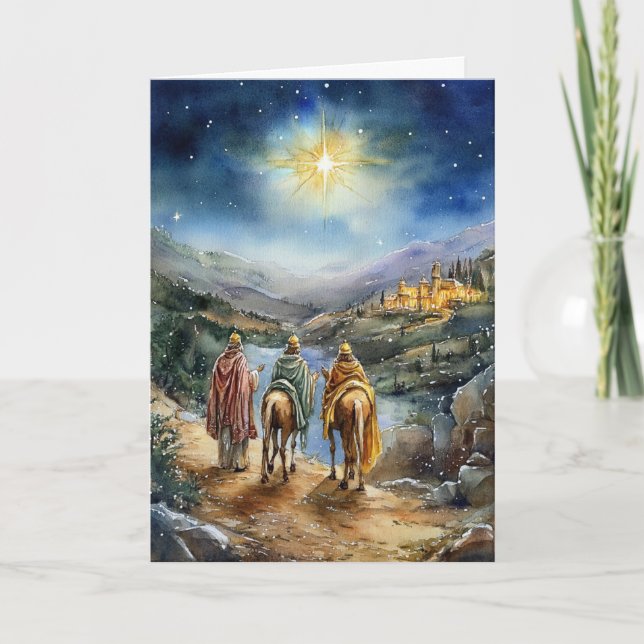 Tarjeta Estrella guía y reyes en arte de natividad acuarel (Anverso)