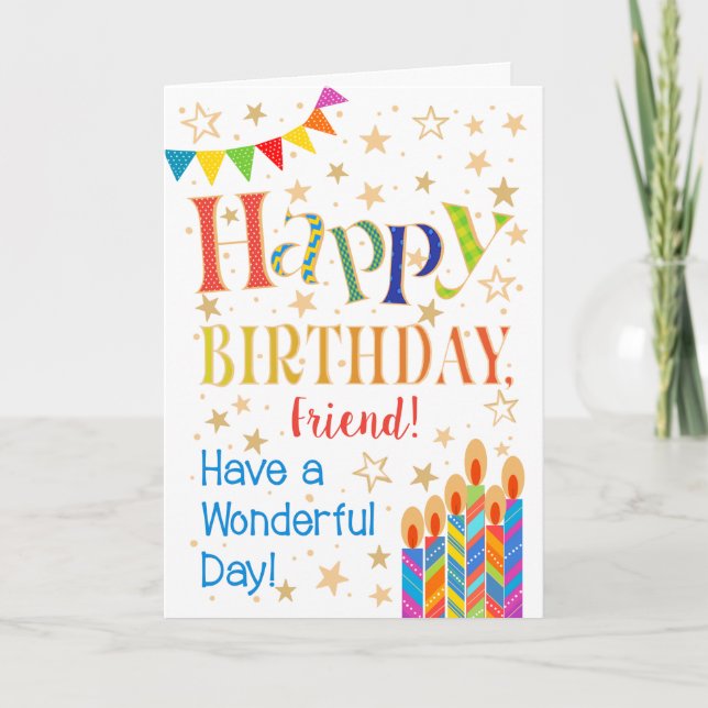 Tarjeta Estrellas, Banderín, Velas para Cumpleaños de Amig (Anverso)