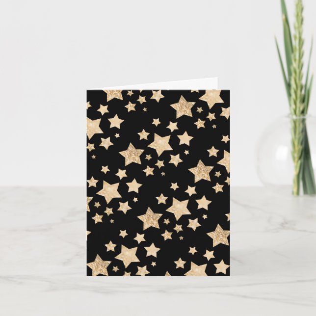 Tarjeta Estrellas brillantes de oro Feliz Navidad negro (Anverso)